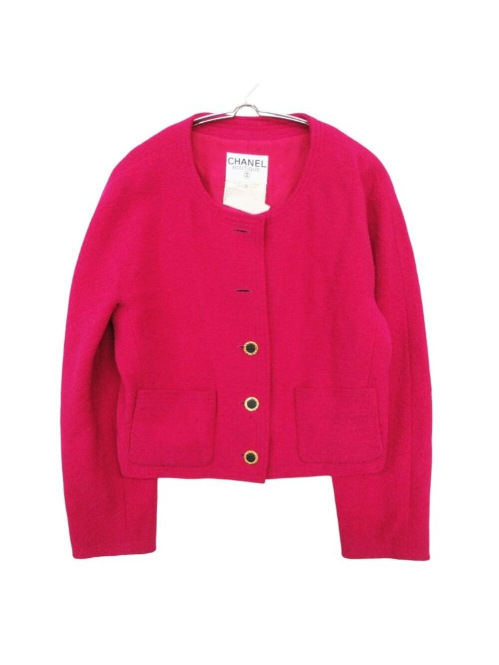 Chanel Collarless Jacket Tweed Gold Button Cropped Front Opening Lined Pink